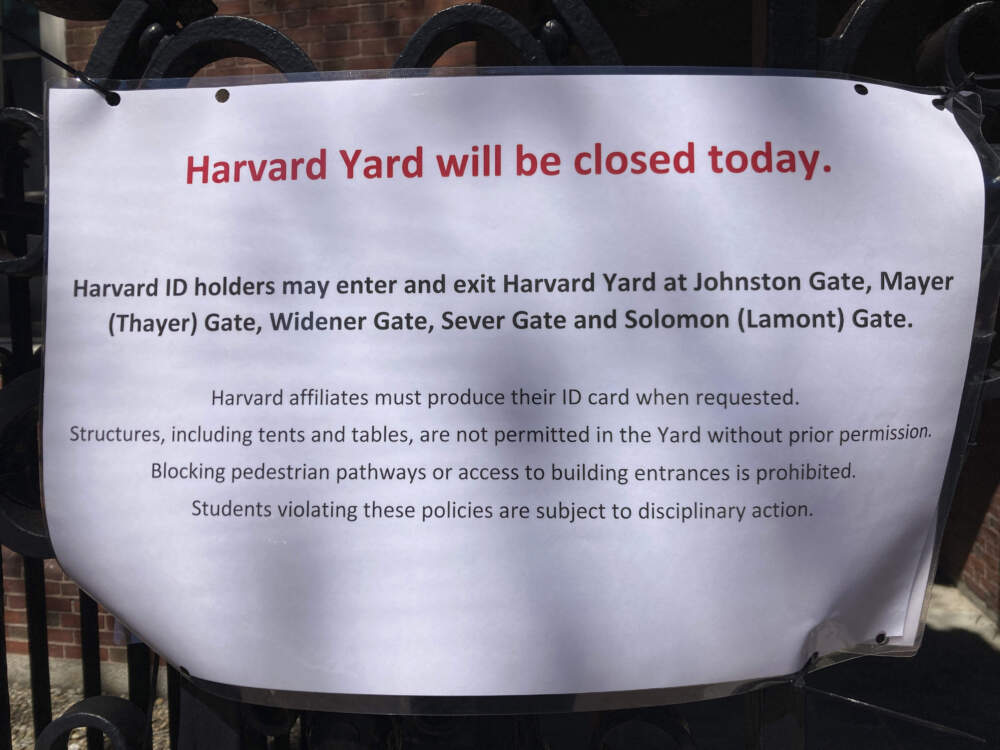 A sign outside Harvard Yard warns that only those with Harvard IDs can enter the yard, outside Harvard University Monday, April 22, 2024, in Cambridge, Mass. (Steve LeBlanc)