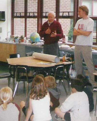 The author accompanies his father as he talks about his experiences during WWII with an elementary school class in Northborough, Mass. in 2001. (Courtesy Jason Prokowiew)