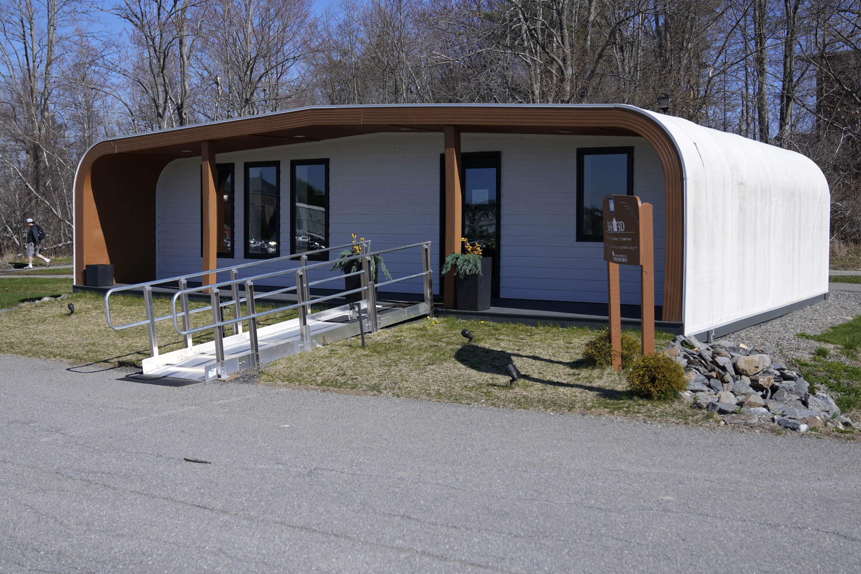 The BioHome3D is seen Tuesday, April 23, 2024, at the University of Maine, in Orono, Maine. The 600-square-foot single-family home was made by UMaine's original 3D printer in 2019. (Robert F. Bukaty/AP)