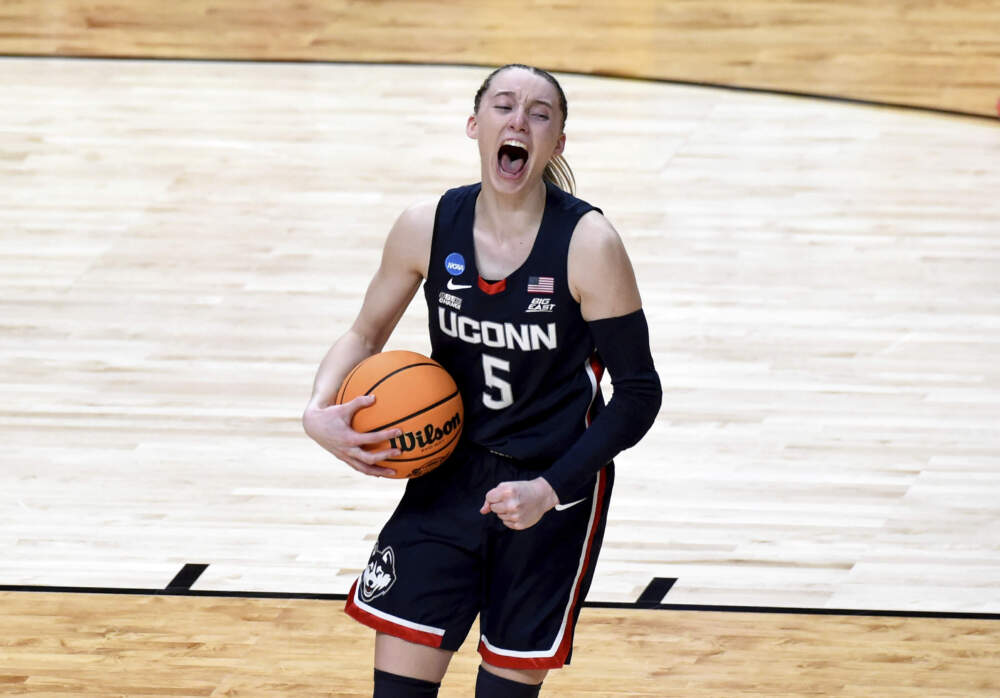 UConn guard Paige Bueckers reacts as the game ends during an Elite Eight college basketball game against Southern California. (Steve Dykes/AP)