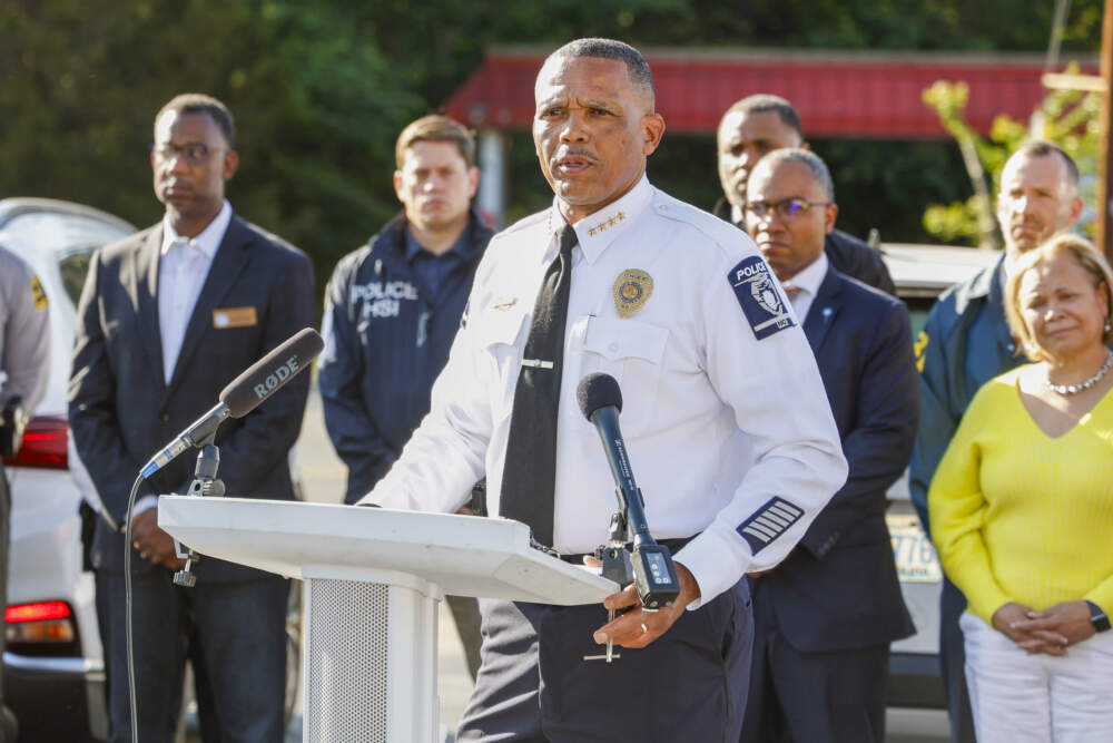 Charlotte-Mecklenburg Police Chief Johnny Jennings speaks at a press conference after multiple officers were shot while serving a warrant in Charlotte, N.C., Monday, April 29, 2024. (Nell Redmond/AP)