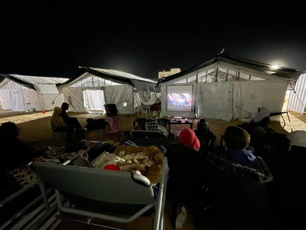 A film screening at a field hospital in Gaza. (Courtesy of Mohammad Subeh)
