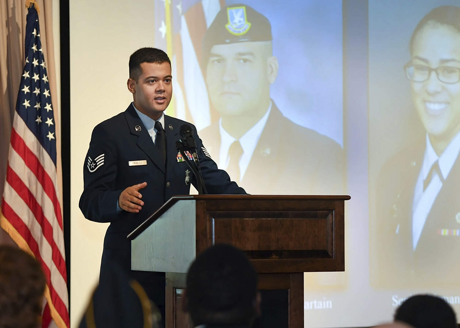Wilmer Puello-Mota, a member of the U.S. Air Force, speaks during a gate dedication and renaming ceremony at Hanscom Air Force Base in Massachusetts, on Oct. 2, 2018. (Todd Maki/U.S. Air Force via AP)