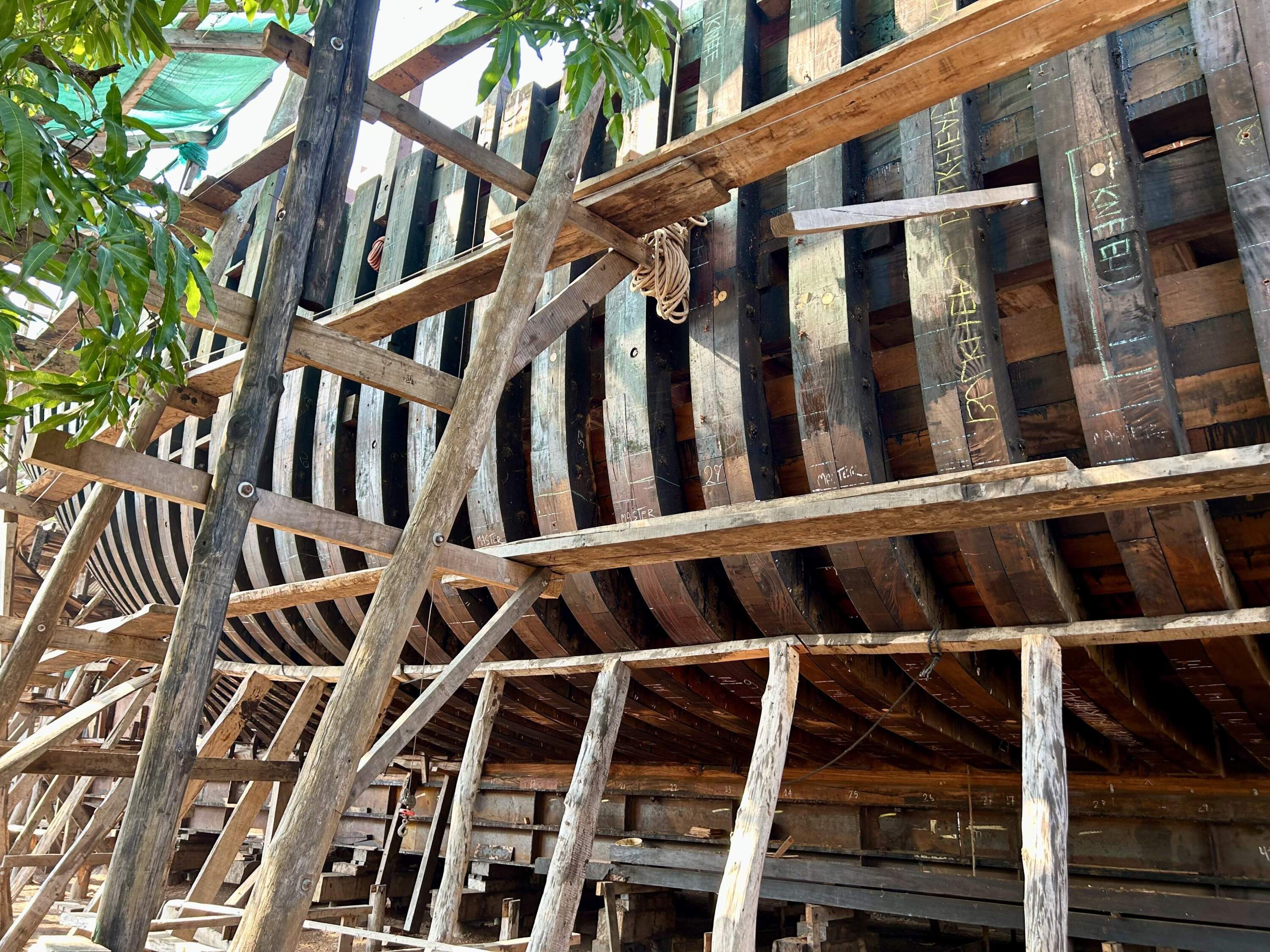 Sail Cargo’s wooden sailing vessel Ceiba is under construction at a shipyard in Punta Morales, Costa Rica. (Peter O'Dowd/Here &amp; Now)
