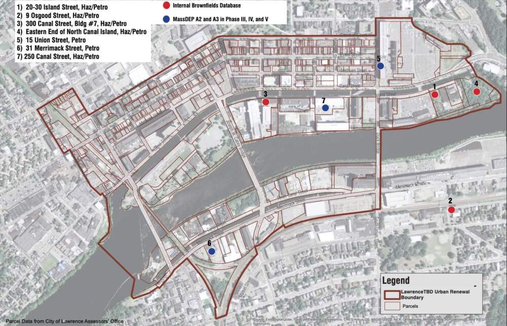 A graphic from Lawrence's urban renewal plan highlights properties subject to redevelopment. (Courtesy city of Lawrence)