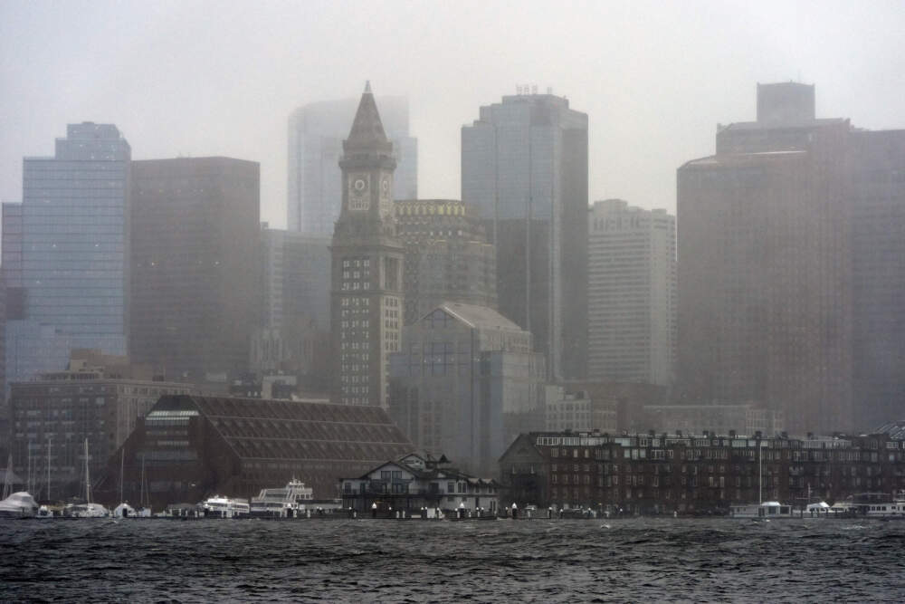 Rain and strong wind sweep across the harbor during a spring storm, Thursday, April 4, 2024, in Boston. (Michael Dwyer/AP)