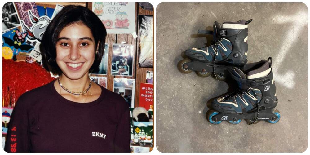 The author in her freshman year at Boston University (left) and her rollerblades (right). (Courtesy Viktoria Shulevich)