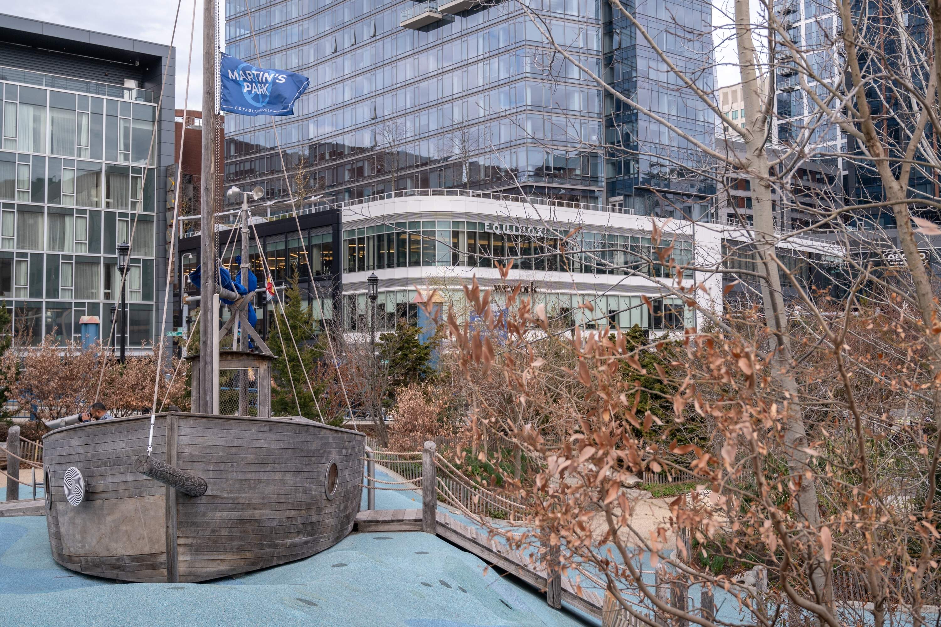 The pirate ship is the signature play structure of Martin's Park in Boston. (Sharon Brody/WBUR)
