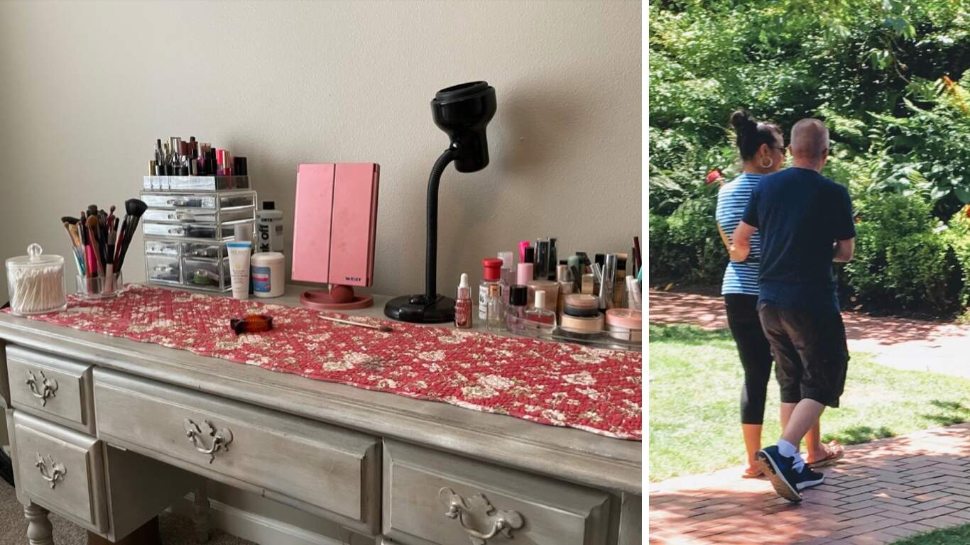 Sophia Johnson's make-up desk (left). Sophia with her partner Morgen (right). (Photos courtesy of Sophia Johnson)
