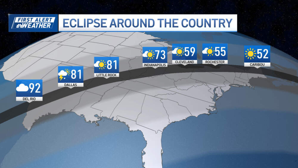 Forecast for the path of totality on Monday, April 8. (NBC Boston)
