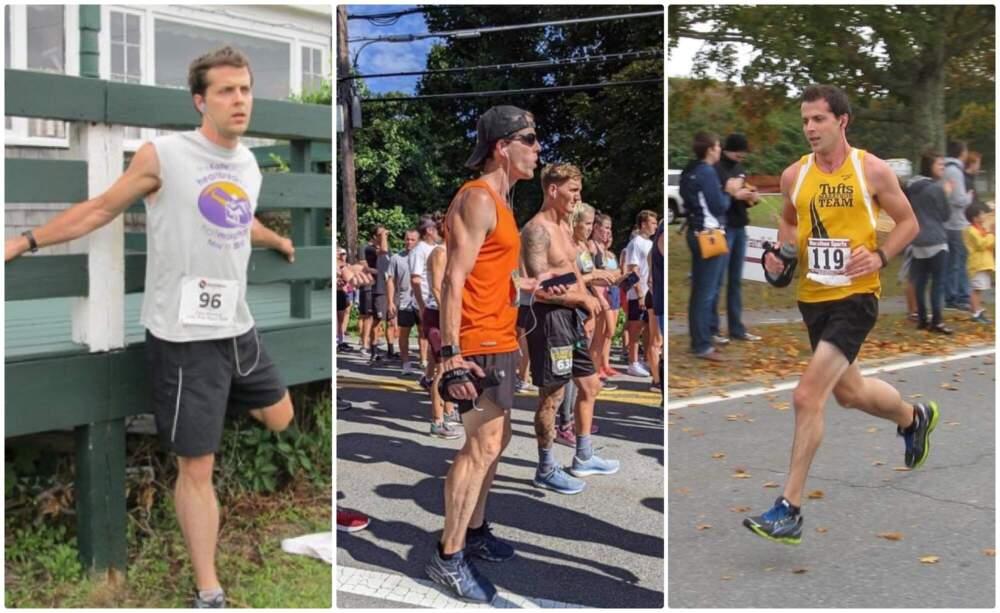 The author (from left to right), stretching before a hometown 5-milers on Cape Cod in 2011; getting hyped up at the starting line of a race in 2021; and a few miles into a half marathon in fall 2013. (Courtesy Jason Clemence)