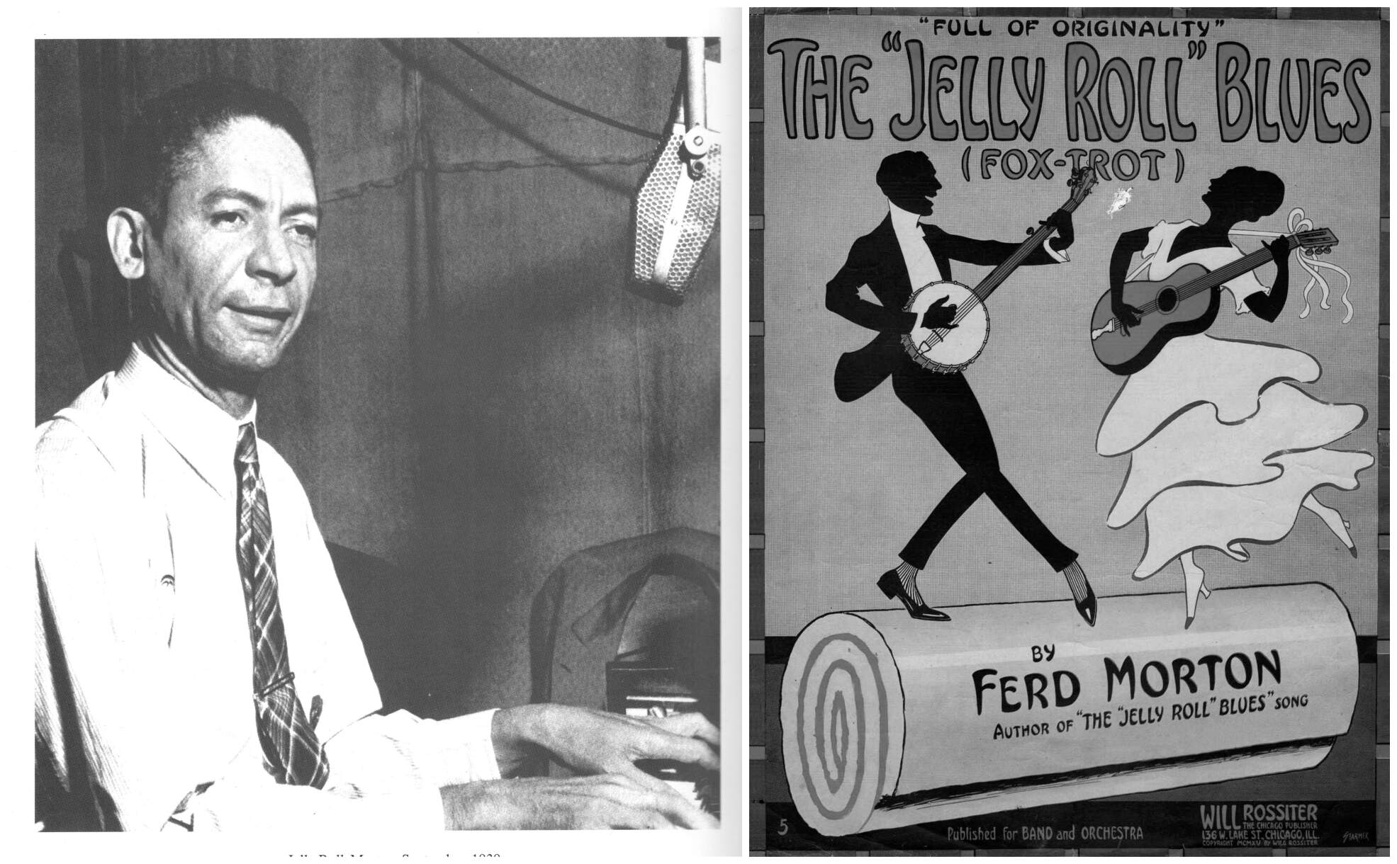 Left, pianist Jelly Roll Morton. Right, a cover image of "Jelly Roll" blues sheet music. (Courtesy)