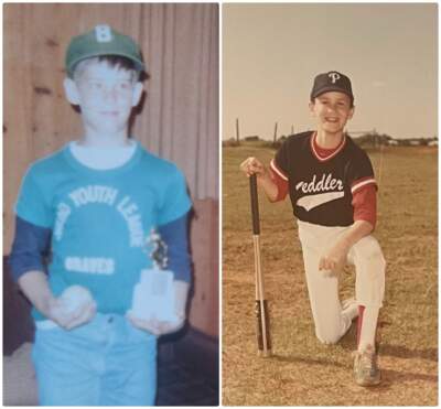 Two young baseball players, 1,200 miles apart: (left) the author and (right) Red Sox organist, Josh Kantor. (Courtesy Jim Sullivan and Josh Kantor)