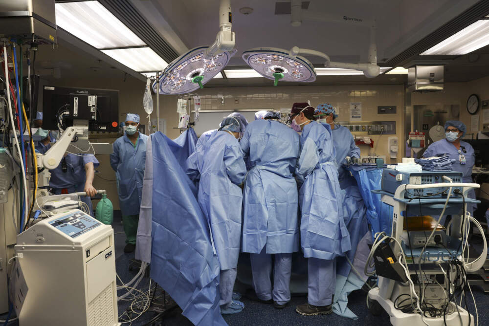 Surgical staff work to insert the first-ever successful pig kidney transplant at Mass General on March 16. (Courtesy Massachusetts General Hospital)