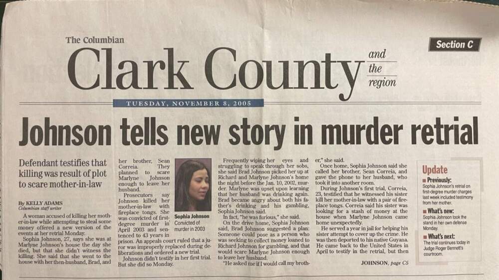 On the stand in her second trial, Sophia tells a story that is different from the one she originally told detectives. She testifies that Marlyne's death was the result of a plan to scare her into leaving her husband Richard. (Photo courtesy of Detective Rick Buckner's scrap book via The Columbian).