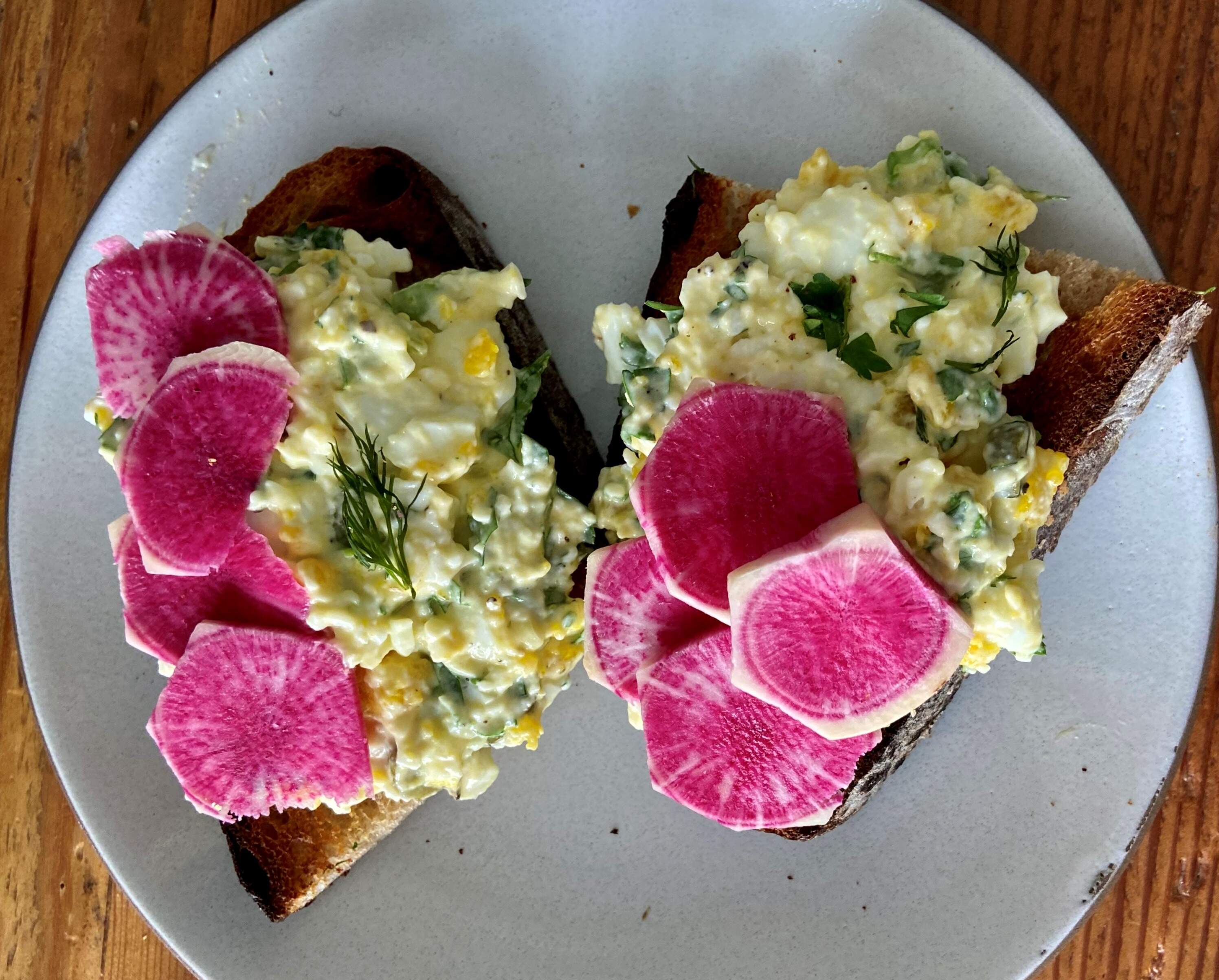 Egg salad with spring greens. (Kathy Gunst/Here &amp; Now)