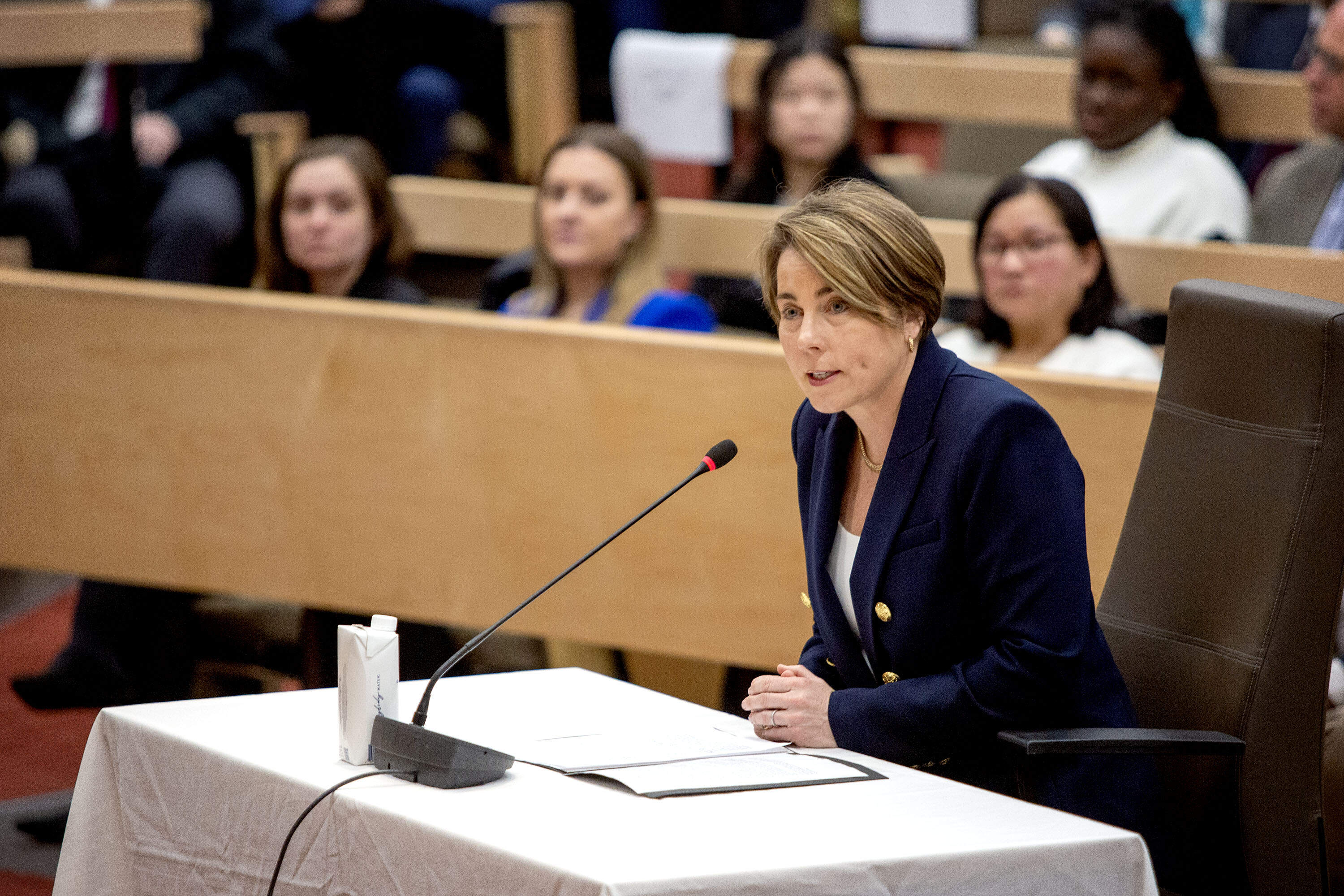 Gov. Maura Healey speaks at a hearing at the Massachusetts State House. (Robin Lubbock/WBUR)