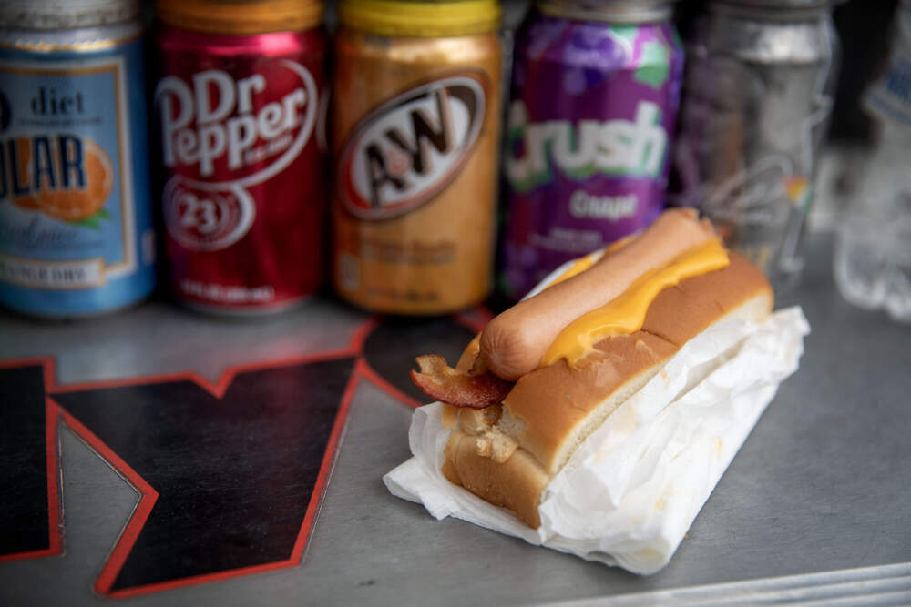 A Murph's Molly Dog, with crushed Doritos, cheddar cheese and bacon. (Robin Lubbock/WBUR)
