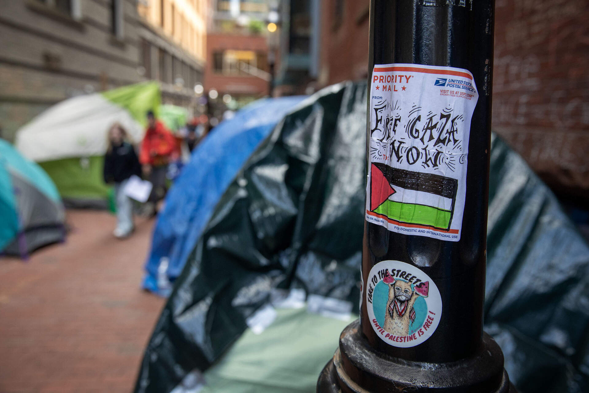 A sticker on a lamppost in Boylston Place says &quot;free Gaza now&quot;. (Robin Lubbock/WBUR)
