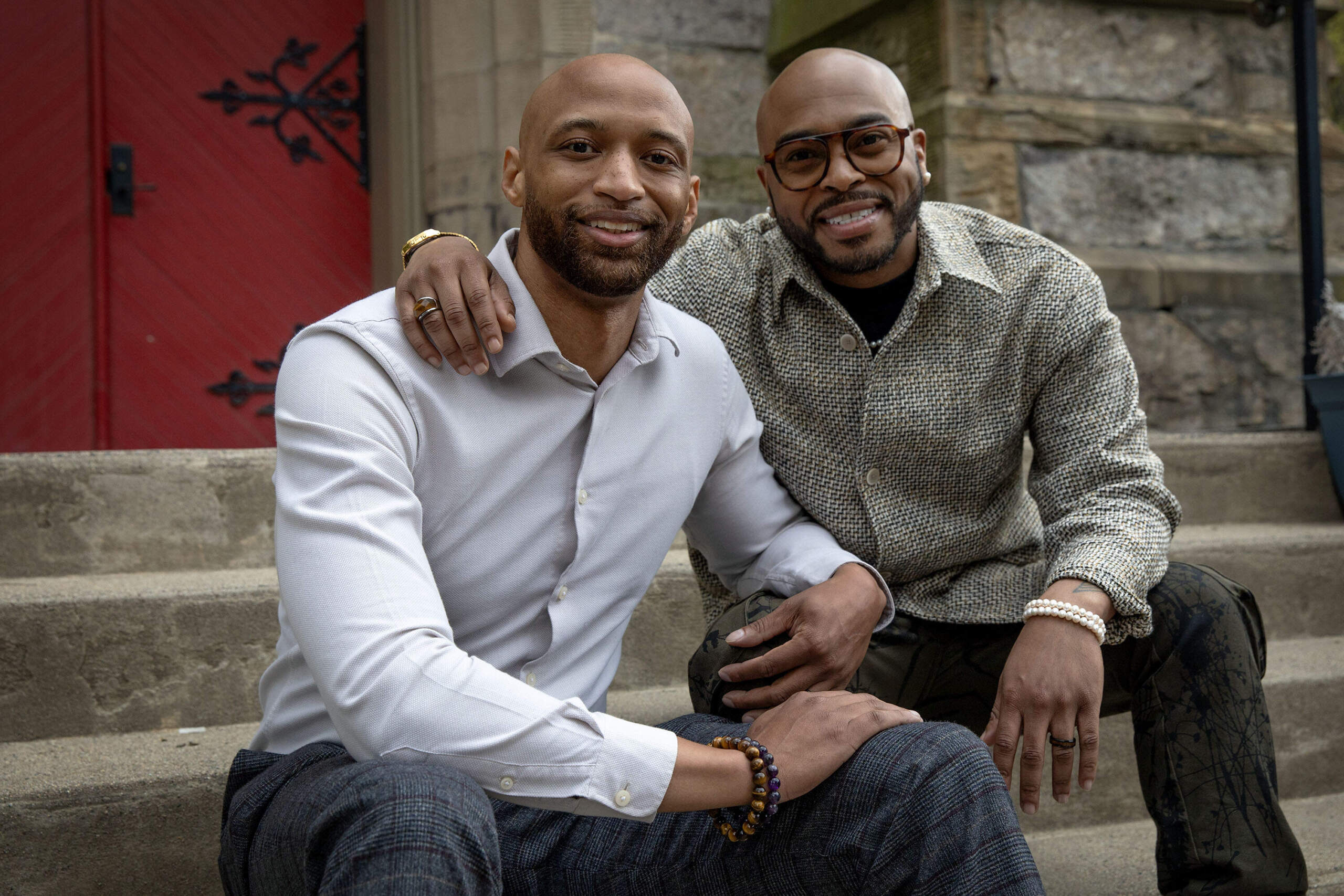 Corey Yarbrough and Quincey J. Roberts Sr. at Union United Methodist Church, where they were married, in Boston's South End. (Robin Lubbock/WBUR)