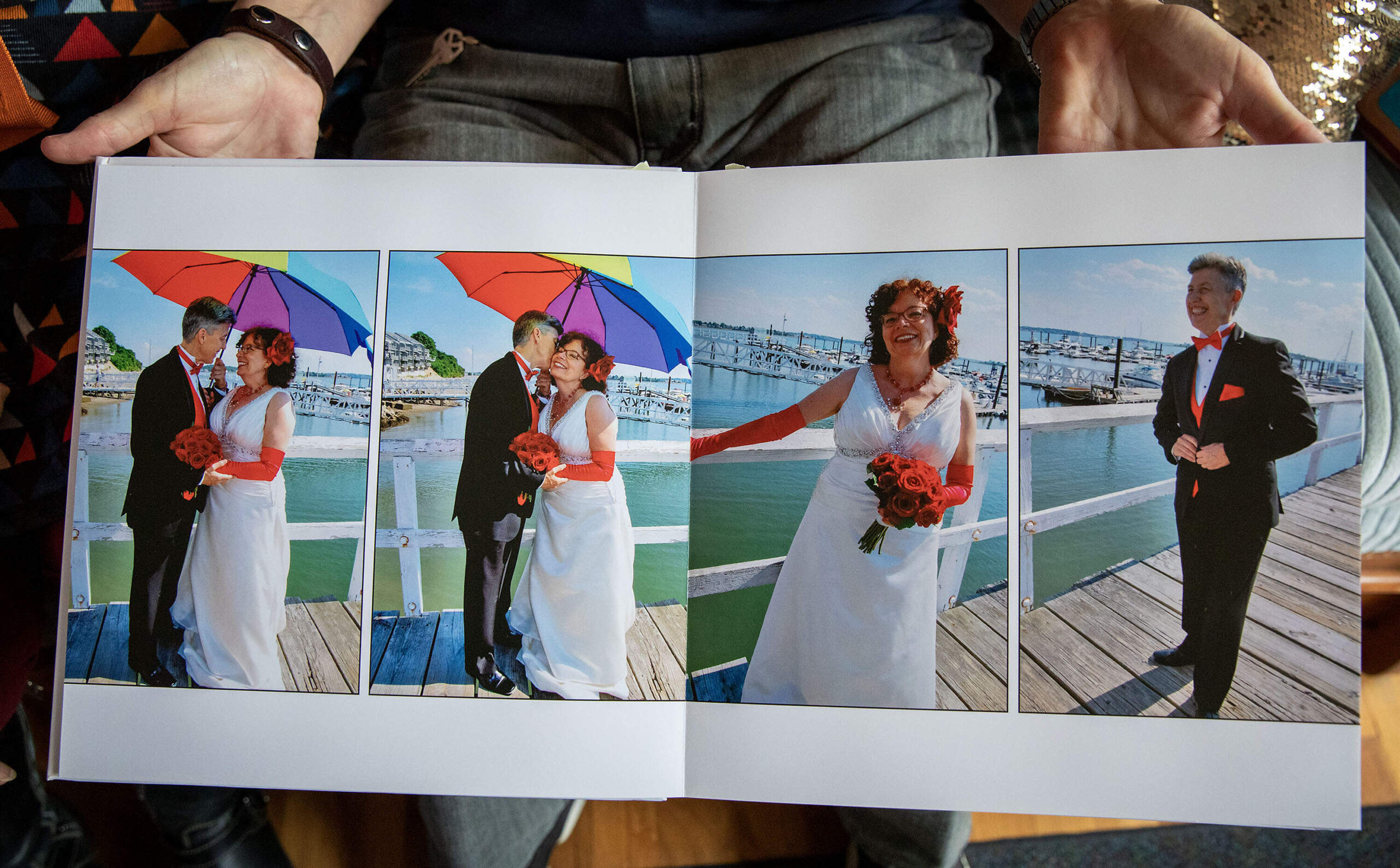 Liz Nania and Sandy Bailey's photo book from their wedding day. (Robin Lubbock/WBUR)