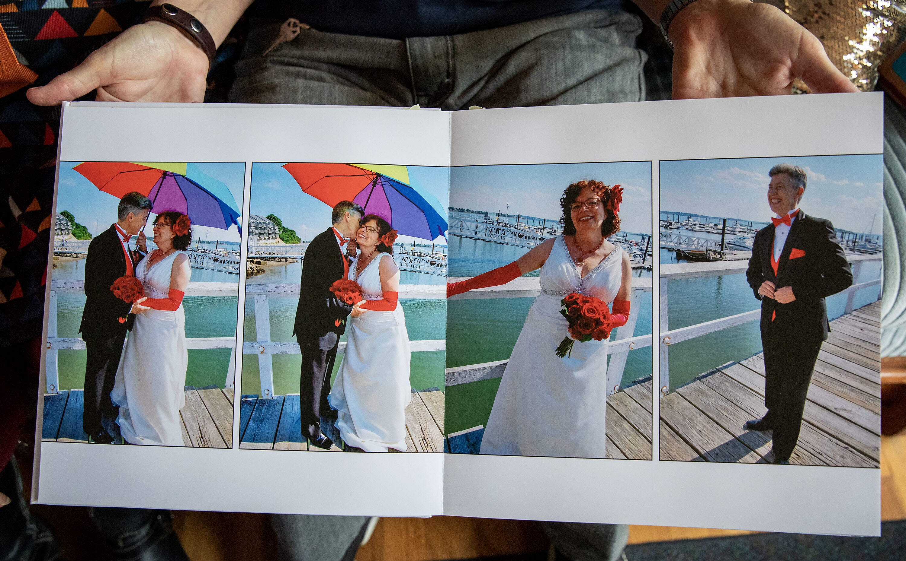 Liz Nania and Sandy Bailey's photo book from their wedding day. (Robin Lubbock/WBUR)