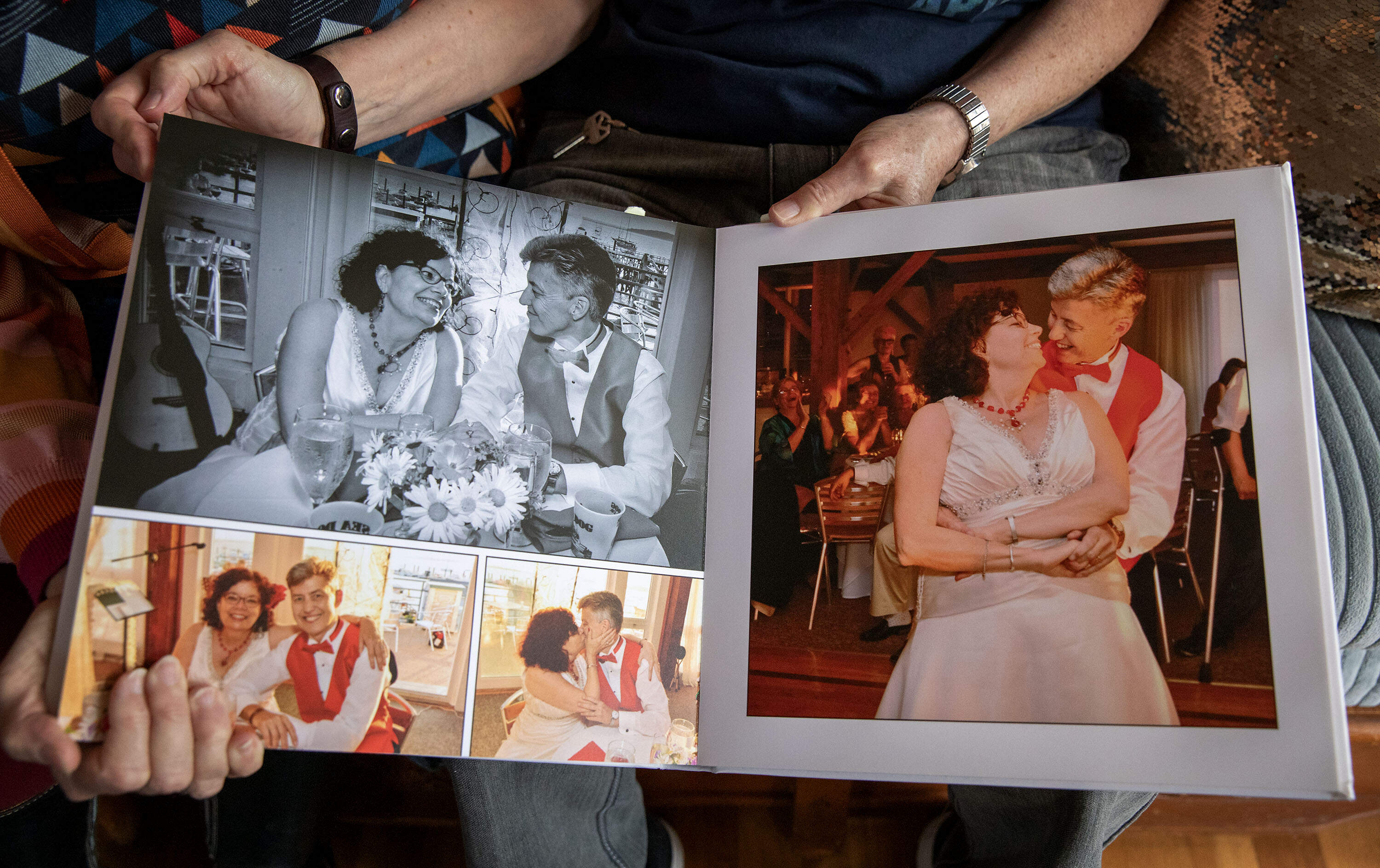 Liz Nania and Sandy Bailey's photo book from their wedding day. (Robin Lubbock/WBUR)