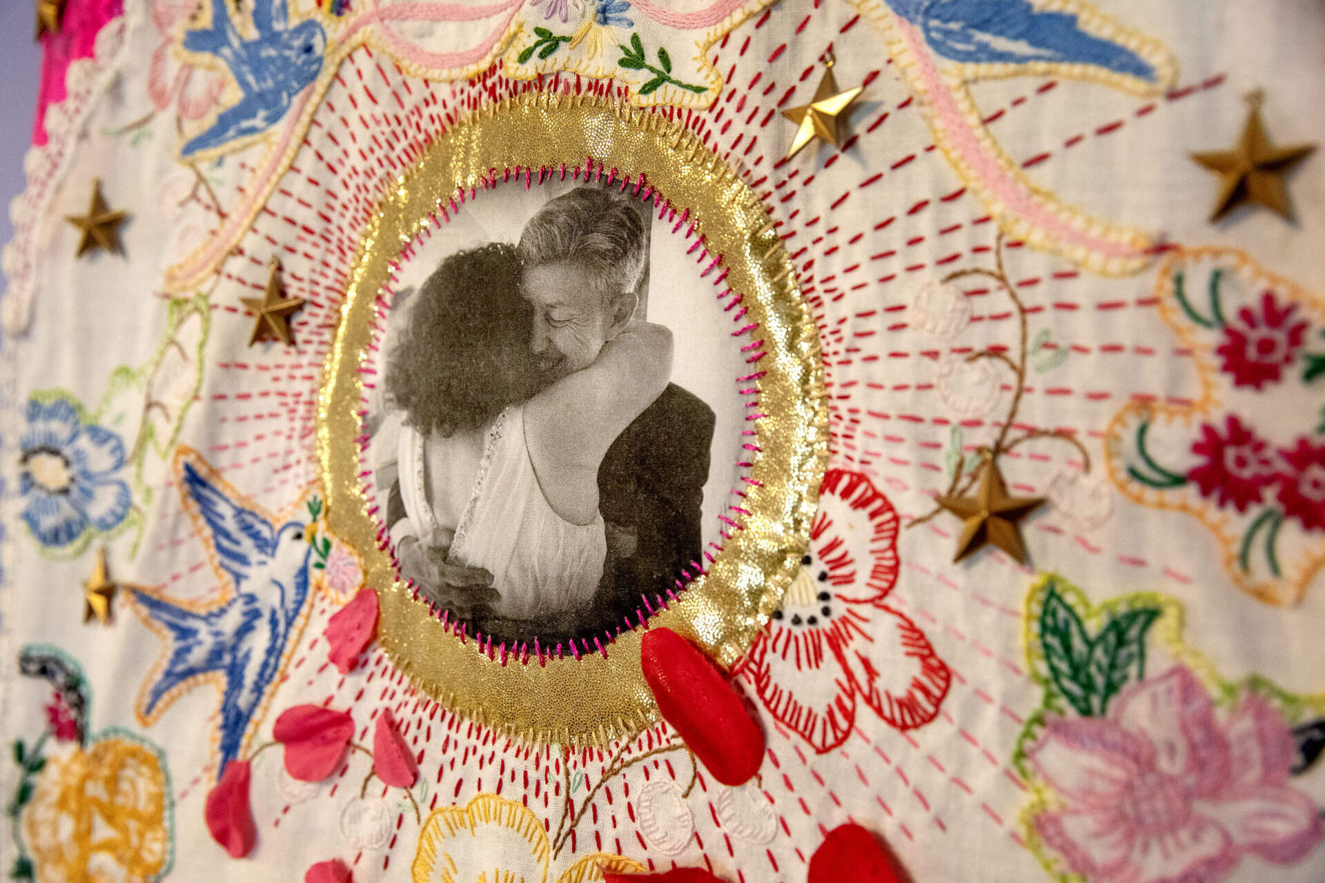Fabric art by Liz Nania, with an image from her wedding day. (Robin Lubbock/WBUR)