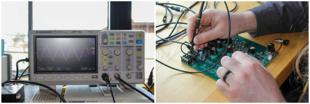 Left, a machine for analyzing audio; right, John Snyder tests a circuit board. (Lukas Harnisch for WBUR)