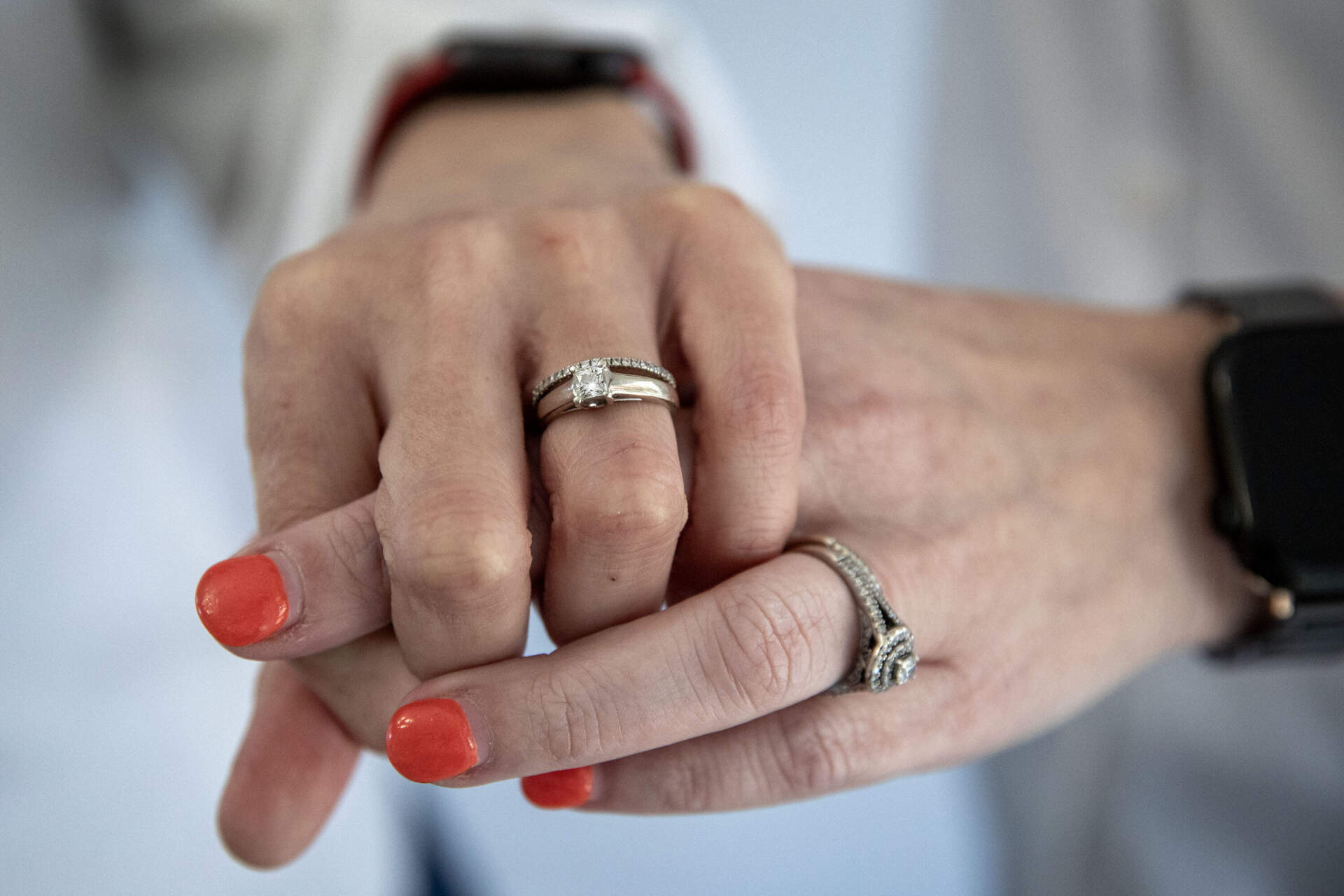 Gaby Leal had to buy a ring for Chelsea Wood online because she proposed during the early days of the pandemic. She knew exactly what ring she wanted from Chelsea Wood in return. (Robin Lubbock/WBUR)
