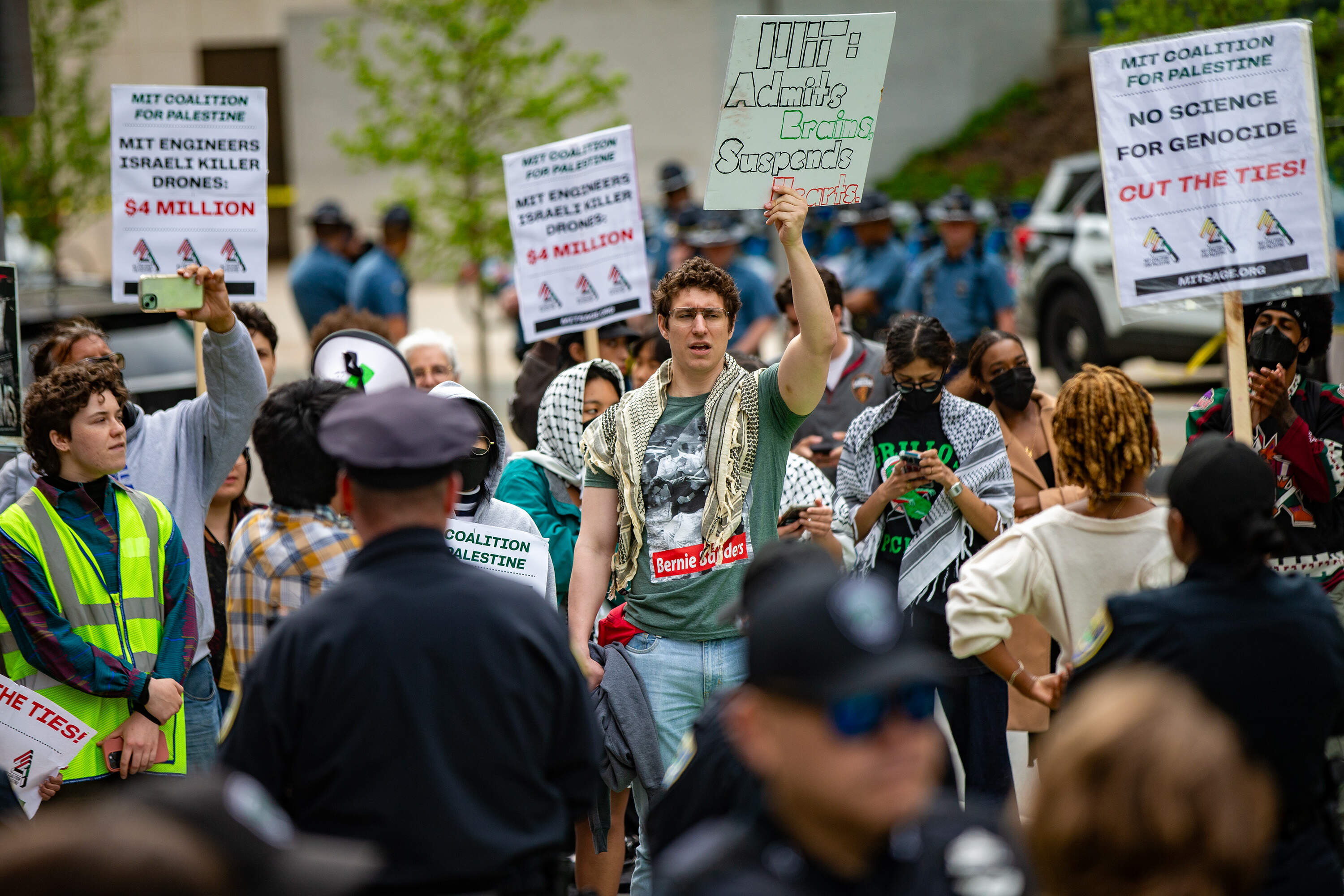 Protesters gathered in front of the Stata Center at MIT. (Jesse Costa/WBUR)