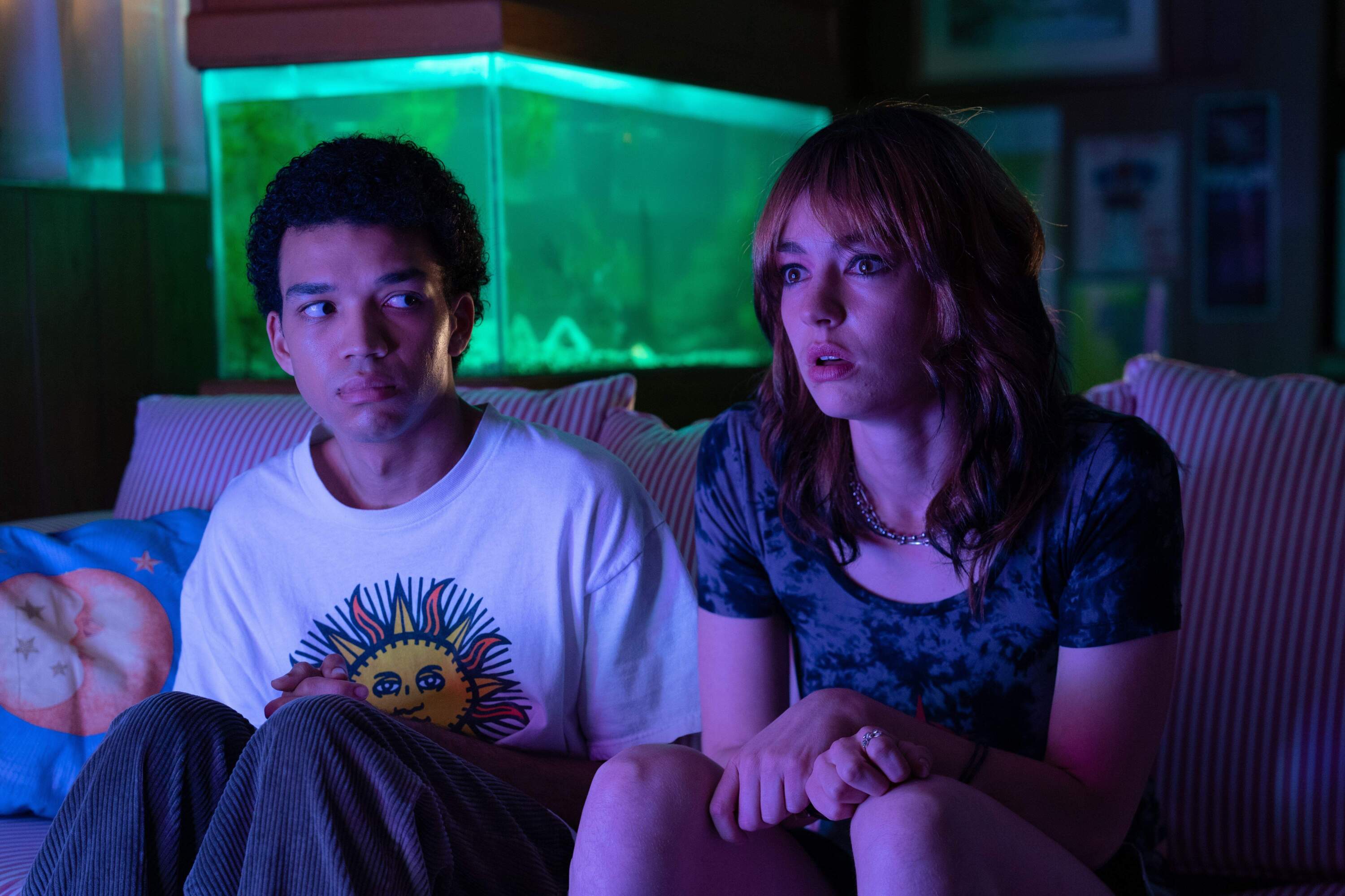 From left, Justice Smith and Brigette Lundy-Paine in writer-director Jane Schoenbrun's film "I Saw the TV Glow." (Courtesy A24)