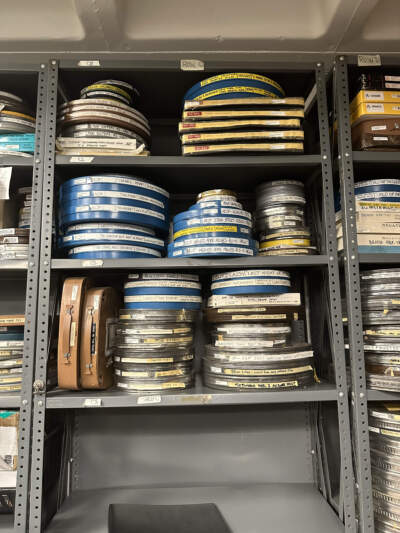 Reels on shelves at the National Center for Jewish Film. (Erin Trahan for WBUR) 