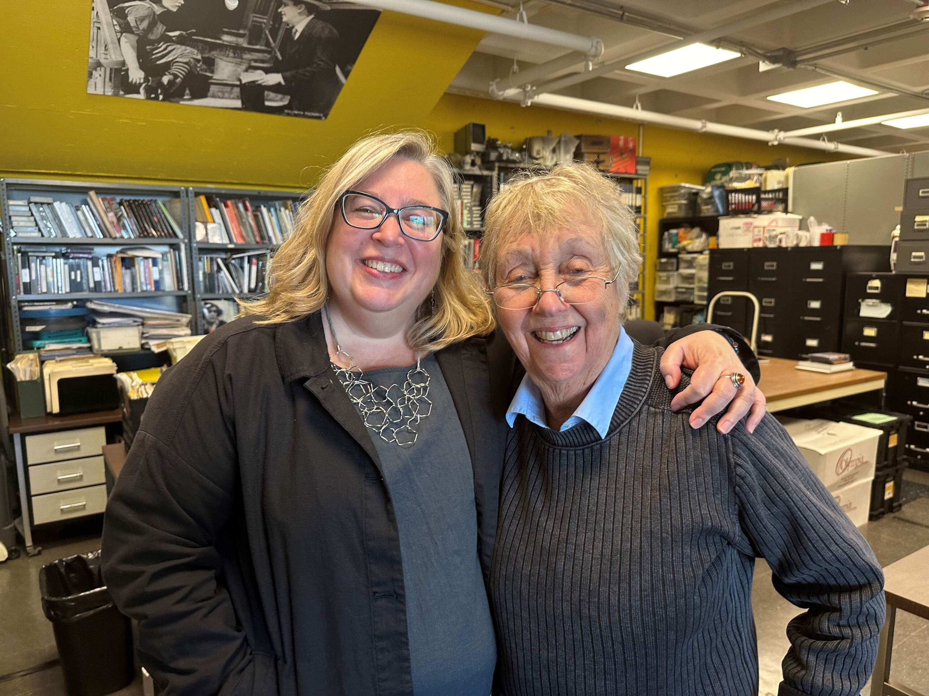 Lisa Rivo, left, and Sharon Pucker Rivo at the National Center for Jewish Film. (Erin Trahan for WBUR)