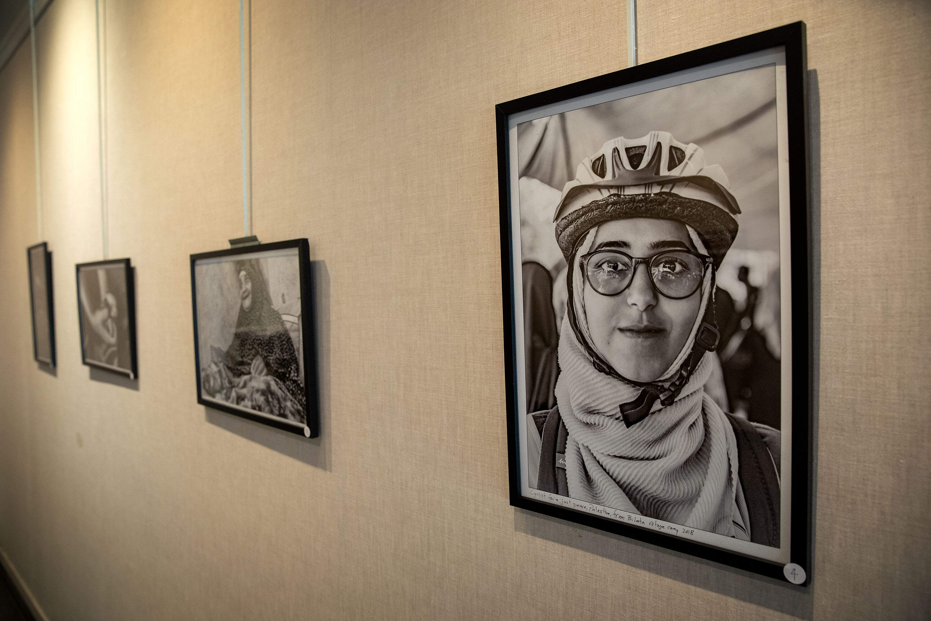 A photograph titled &quot;Cylist for a just peace,&quot; in photographer Skip Shiel's exhibit at Newton Free Library. (Robin Lubbock/WBUR)