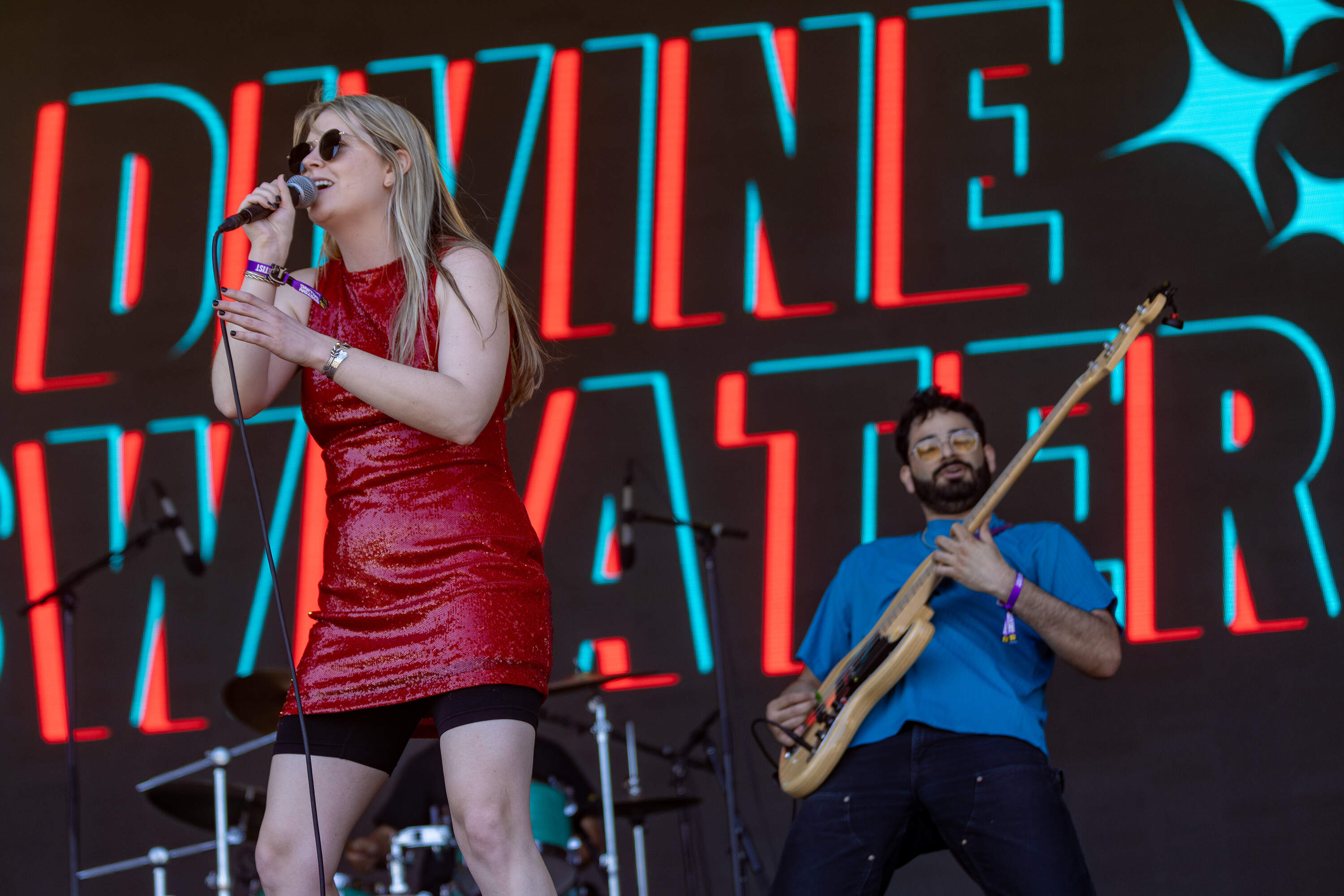 Meghan Kelleher and Alex Goldberg of local band Divine Sweater open the festival. (Jesse Costa/WBUR)