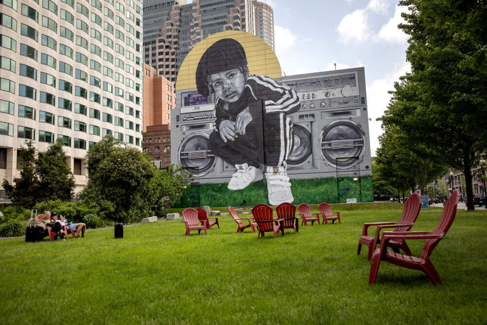 The &quot;Breathe Life Together&quot; mural on Boston's Greenway, by artist Rob “ProBlak” Gibbs. (Robin Lubbock/WBUR)