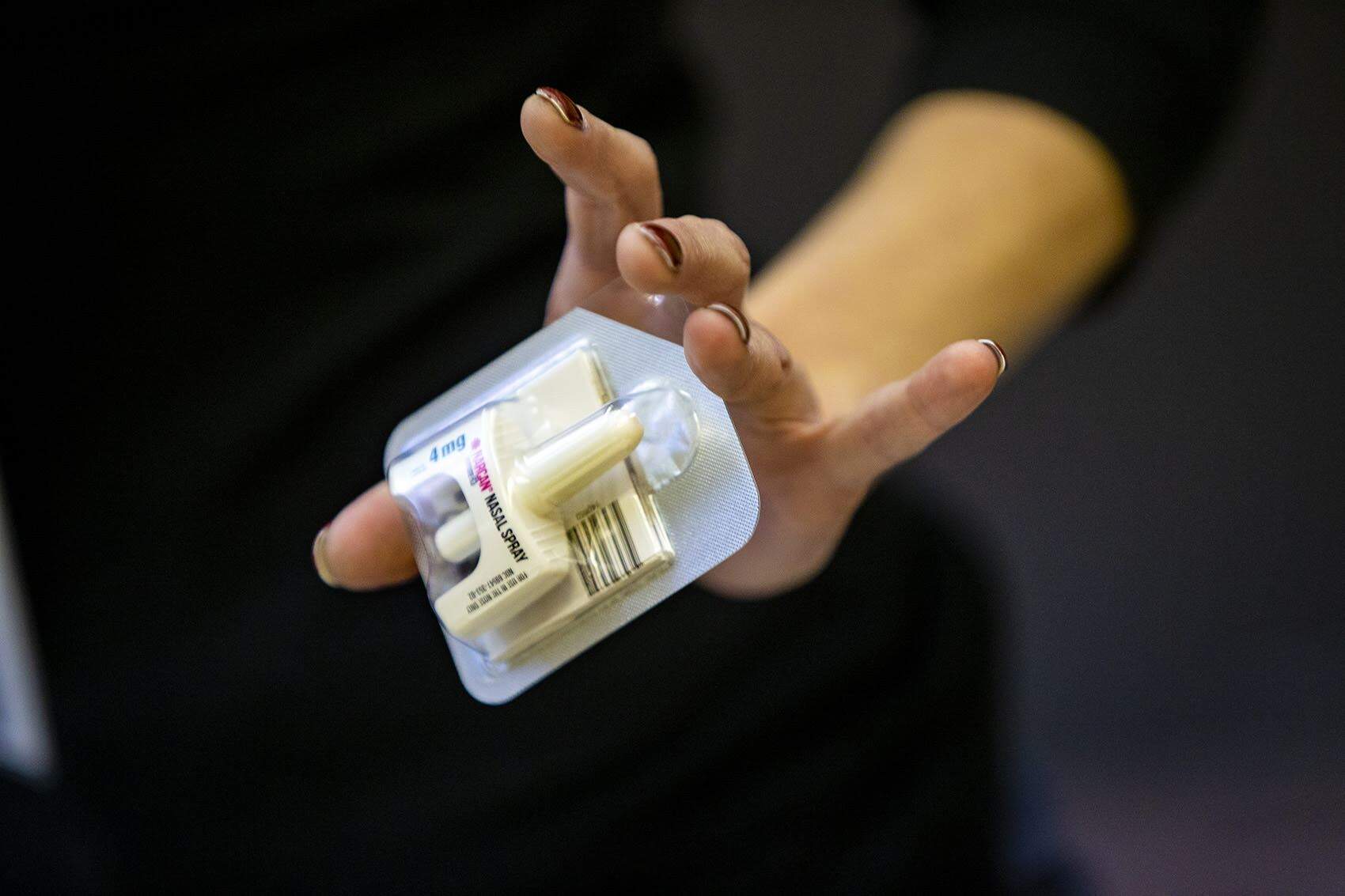 A single dose of Narcan Nasal Spray is held at Boston Medical Health Clinic. (Jesse Costa/WBUR)