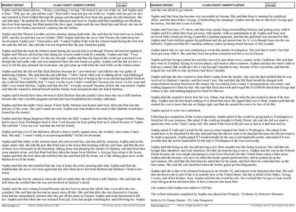Excerpts from the report regarding the 2010 interview between Detective Kevin Harper and Sophia Johnson.