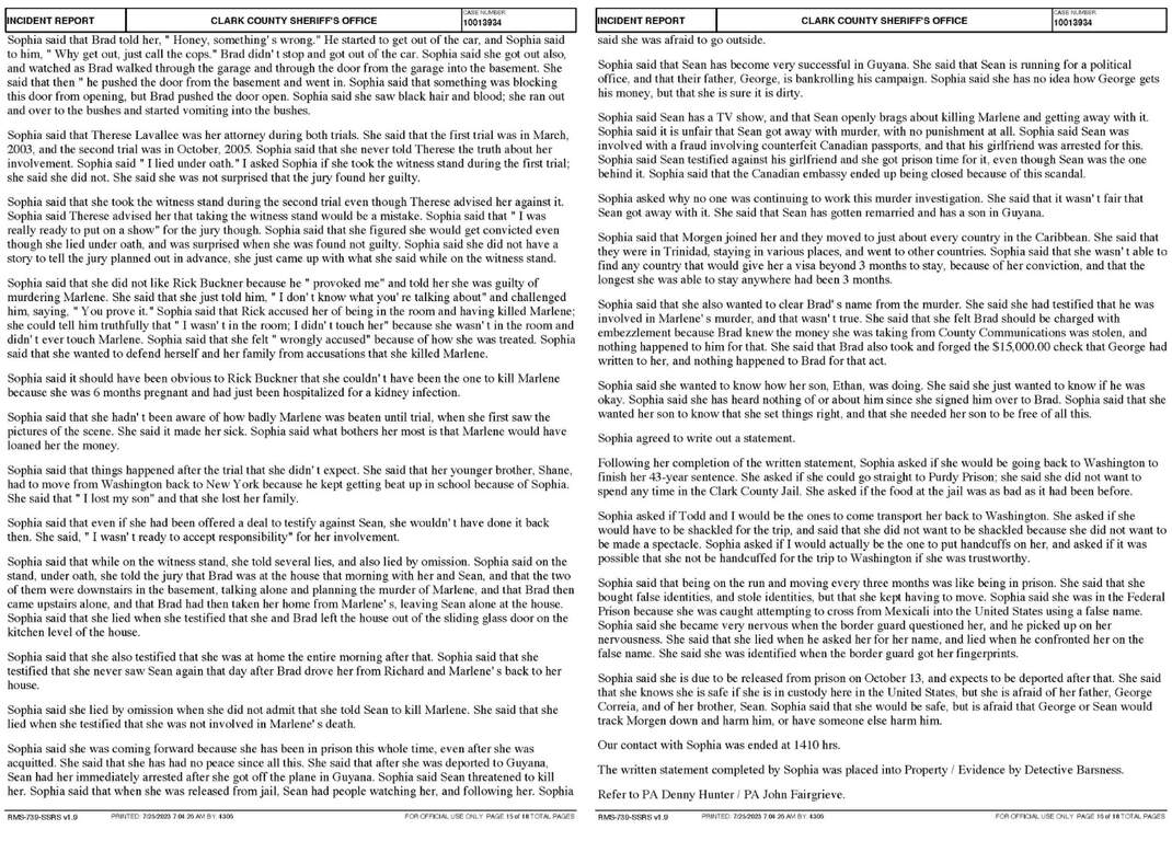 Excerpts from the report regarding the 2010 interview between Detective Kevin Harper and Sophia Johnson.
