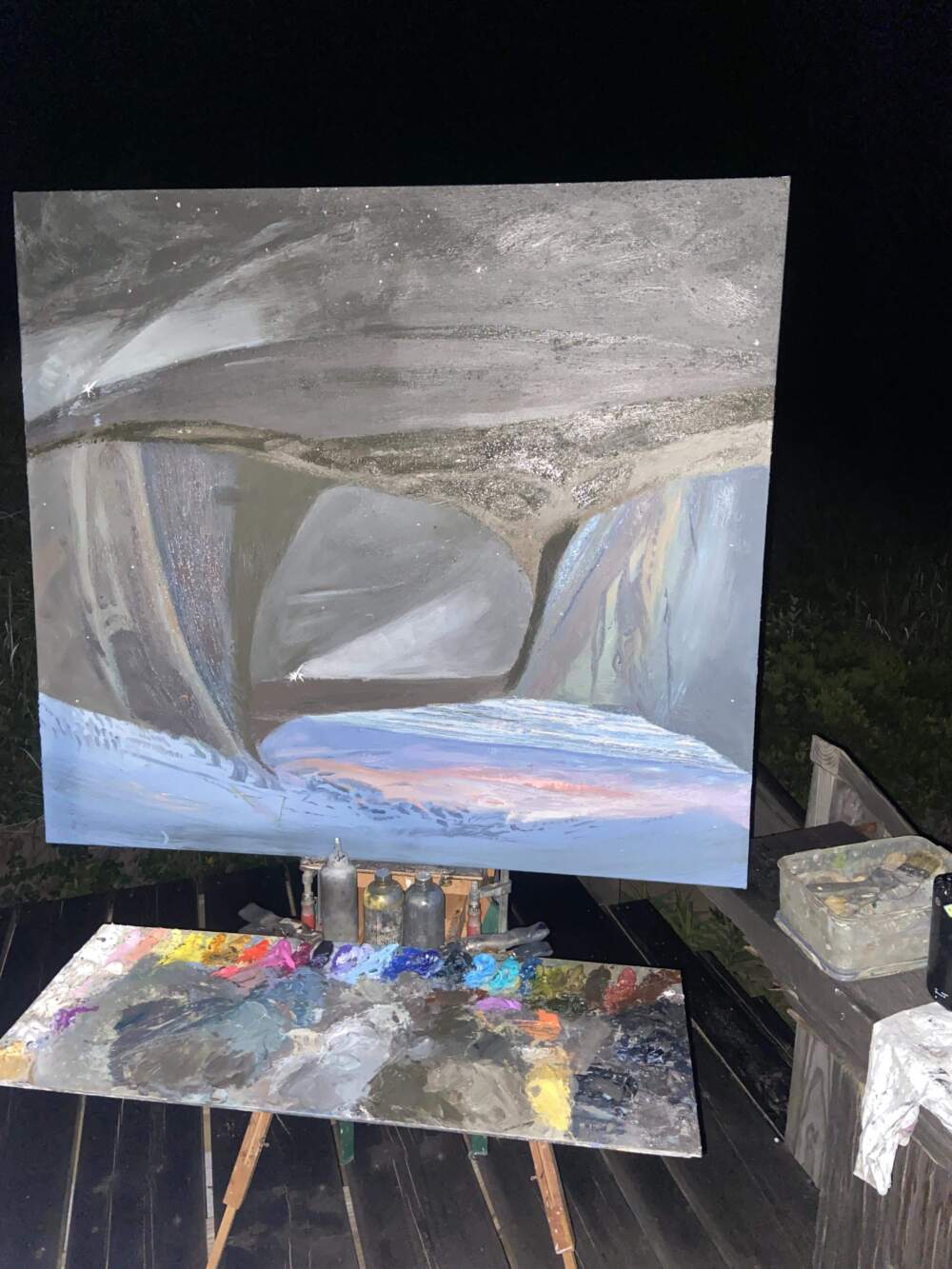 The author's setup for nocturnal painting in the dunes. (Courtesy Elizabeth Flood)