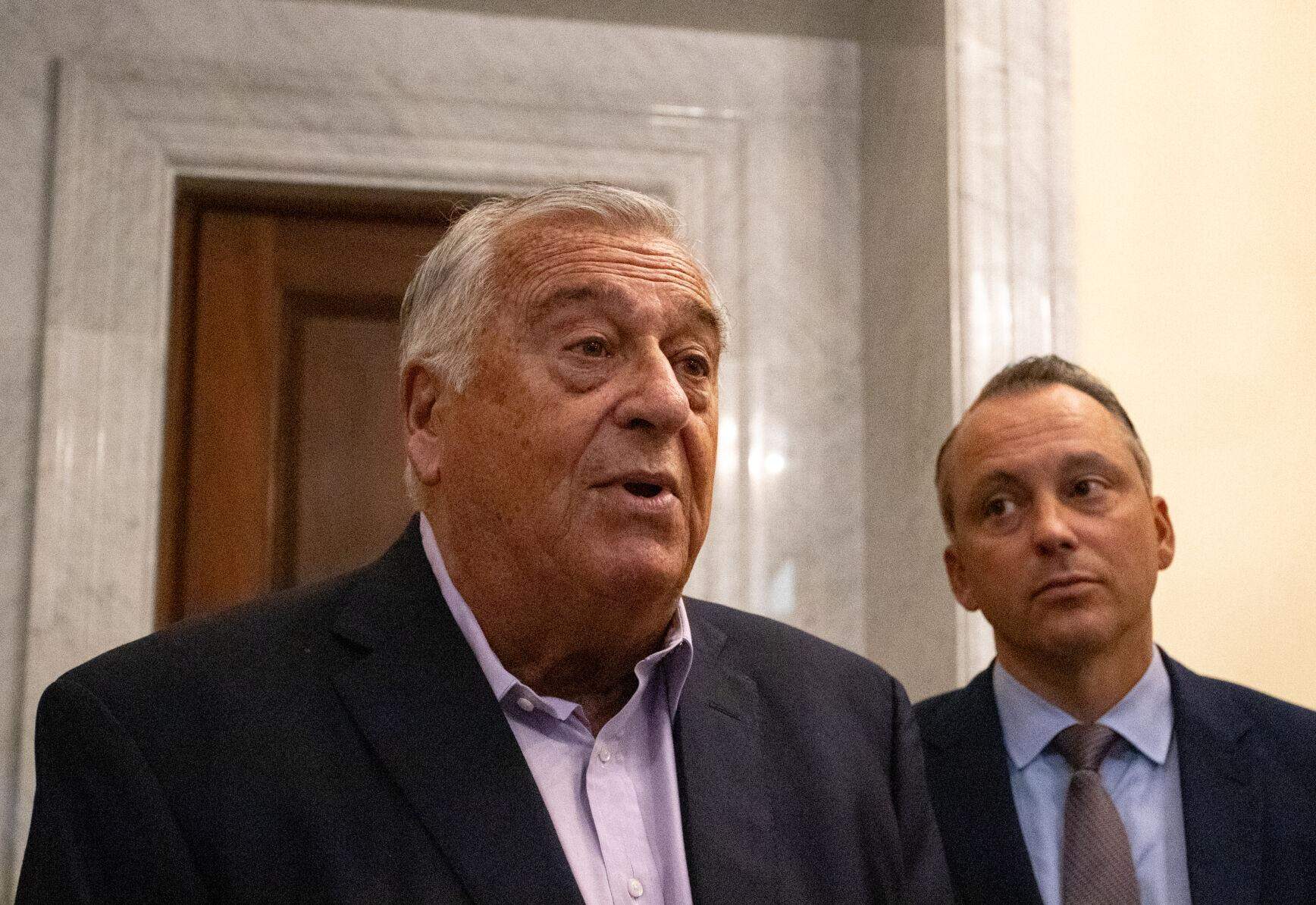 Speaker Ron Mariano and Ways and Means Chairman Aaron Michlewitz answer reporters' questions after caucusing privately with House Democrats on Oct. 17, 2023. (Sam Doran/SHNS)