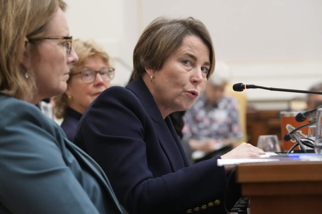Gov. Maura Healey, right, delivers her keynote address during the opening session of the "From Climate Crisis to Climate Resilience" at the Vatican on May 15. (Domenico Stinellis/AP)