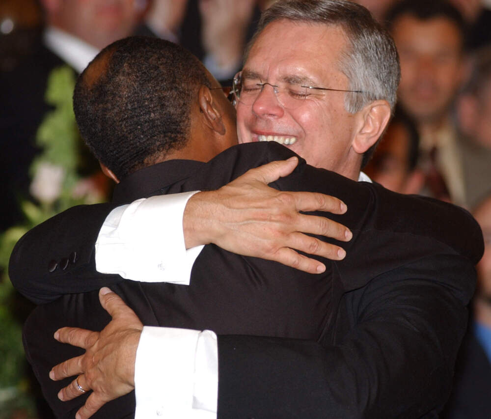 Partners Robert Compton, right, embraces his partner David Wilson following their vows exchange at the Arlington Street Unitarian Universalist church during their official Massachussets sanctioned wedding ceremony, Monday, May 17, 2004, in Boston. (Victoria Arocho/AP)