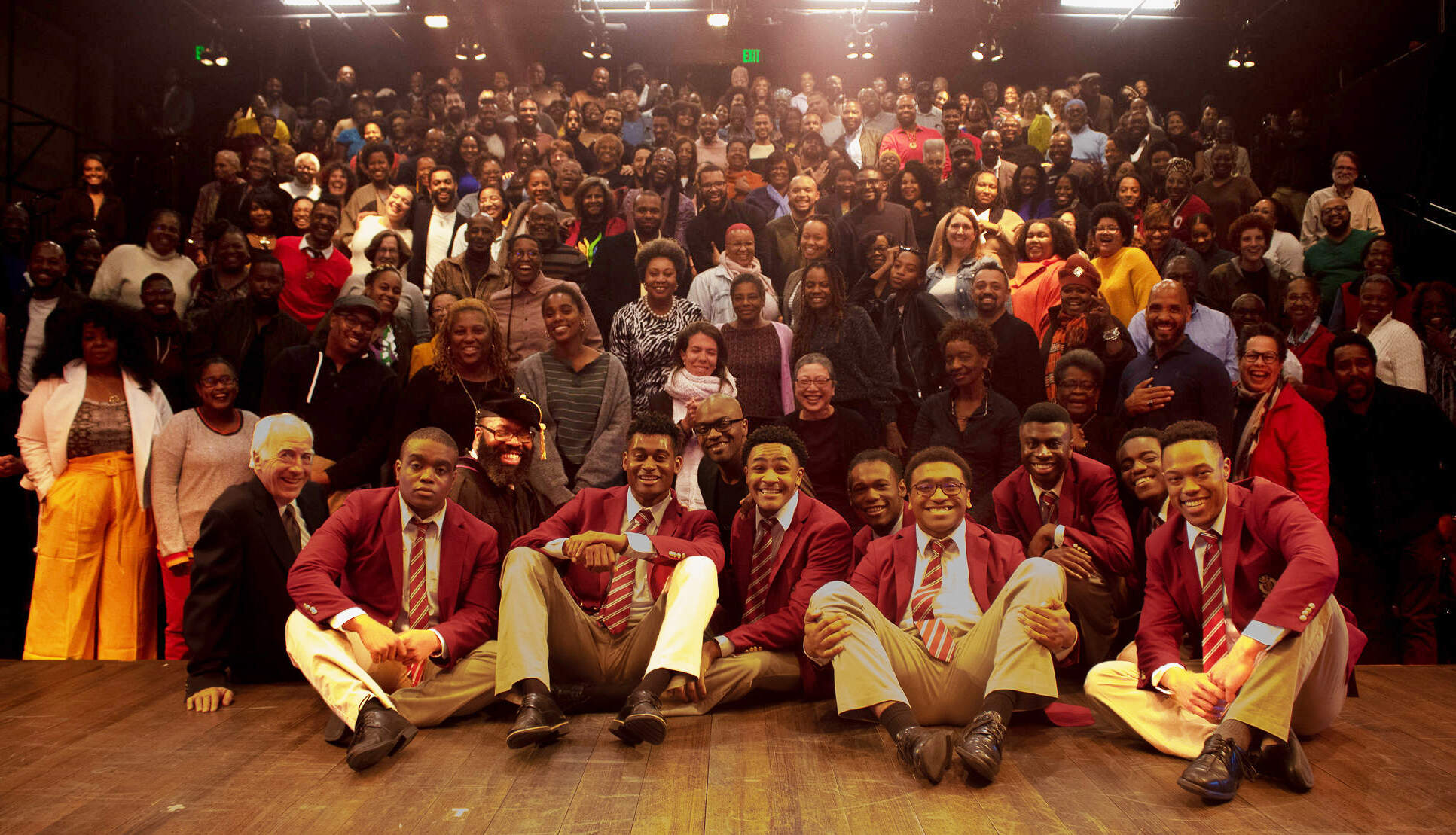 The cast of "Choir Boy" with the audience at SpeakEasy Stage's Black Out production in October 2019. (Courtesy Front Porch Arts Collective)