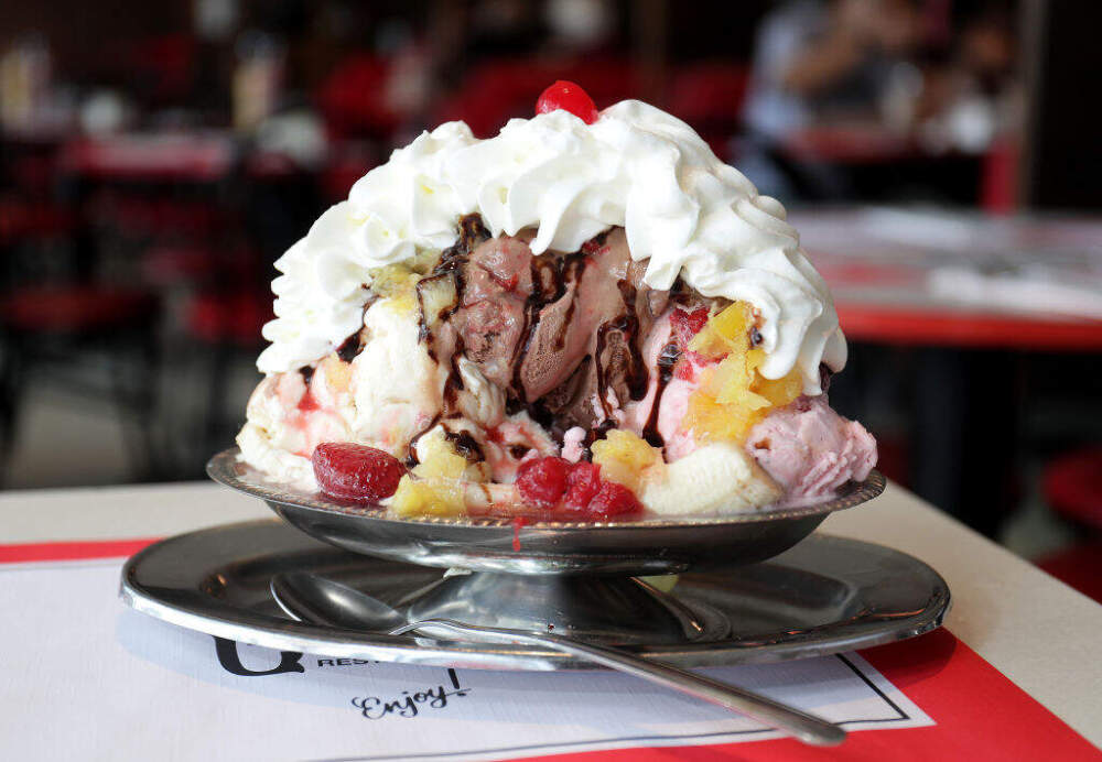 The Banana Boat Jumbo Banana Split at Cabot's Ice Cream in Newton. (Photo by Barry Chin/The Boston Globe via Getty Images)