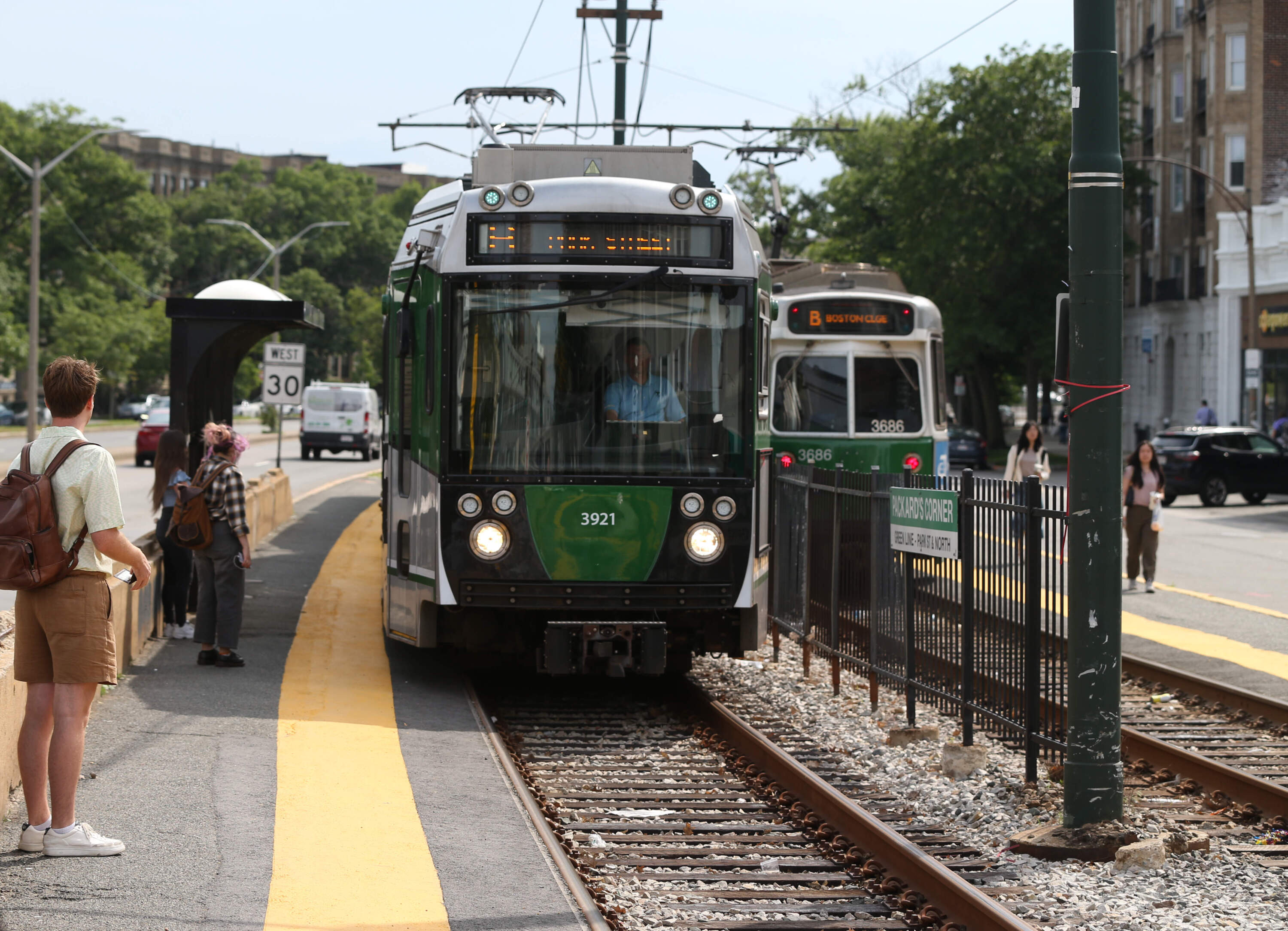 A Green Line train pulls into Packard's Corner, one of the 14 Green Line stops slated for accessibility upgrades. (Jonathan Wiggs/The Boston Globe via Getty Images)
