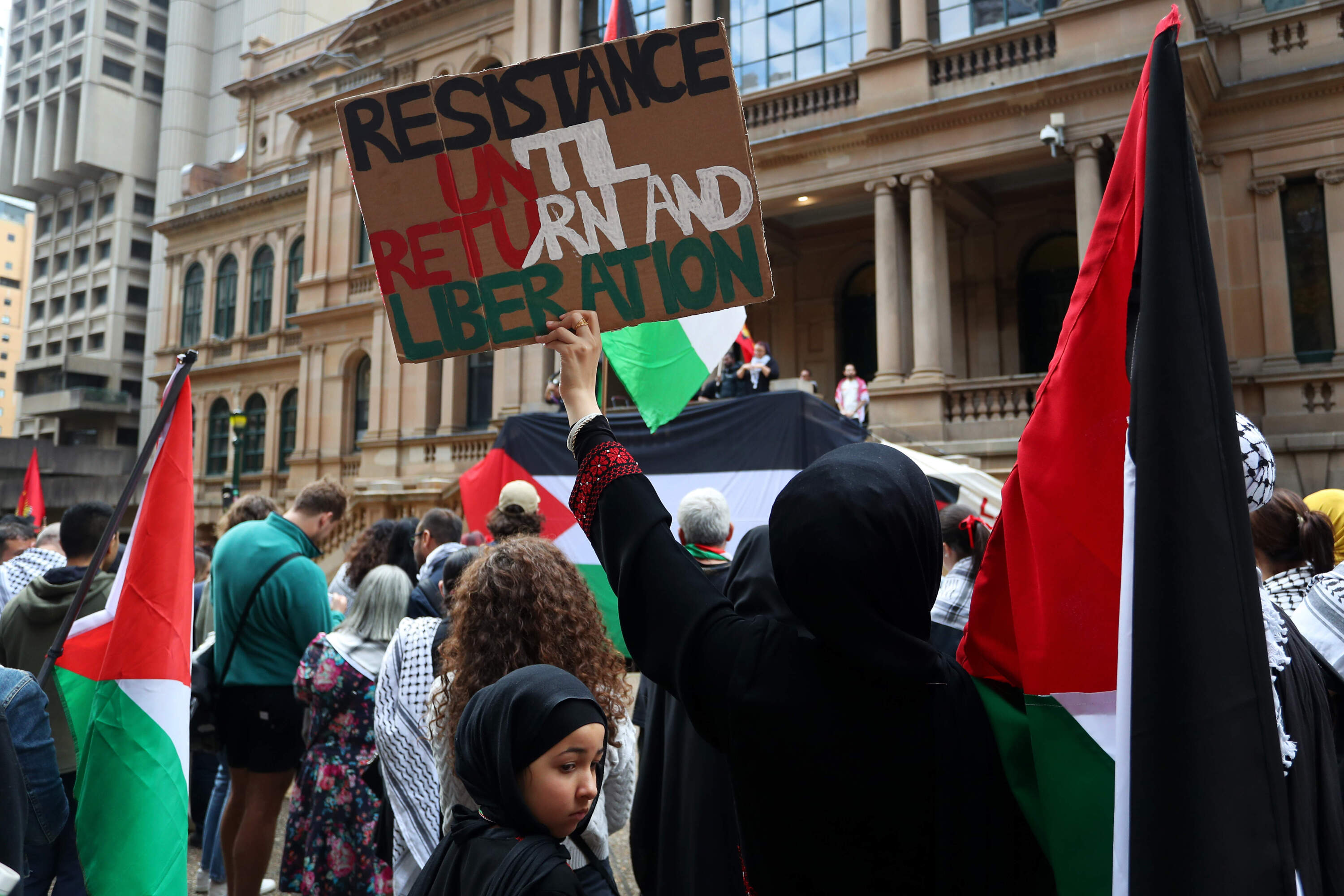 Palestine supporters gather at Town Hall during a rally to commemorate Al Nakba on May 13, 2023 in Sydney, Australia. (Lisa Maree Williams/Getty Images)