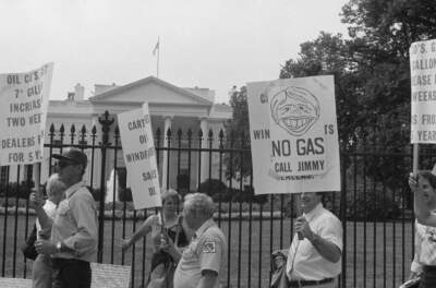 Gasoline dealers demonstrate outside the White House in Washington, DC, on August 1, 1979. (Trikosko/Library of Congress/Interim Archives/Getty Images)
