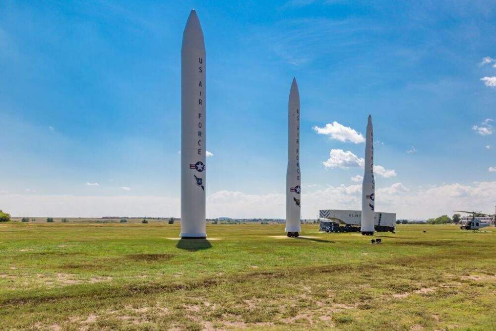 Missiles standing near Gate 1 at the Francis E Warren Air Force Base in Cheyenne, WY. (Ron Buskirk/UCG/Universal Images Group via Getty Images)